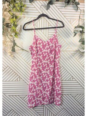 HVN Tender Loving Care Pink STRAWBERRY Print 100% Silk Slip Dress Size 10